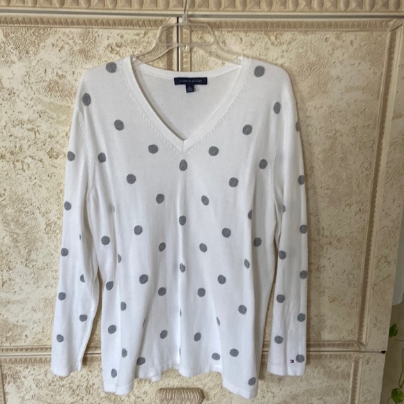 Tommy Hilfiger white V sweater with gray dots 100% cotton,size XL - Picture 3 of 6